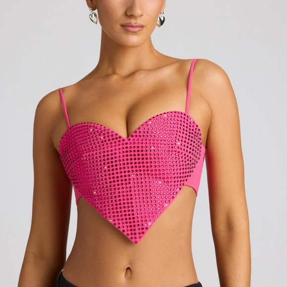 Oh Polly Syrenę Pink Rhinestone Heart Crop Top - Picture 7 of 9